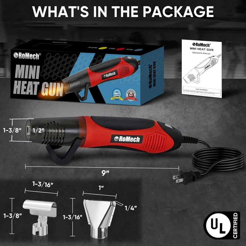ROMECH 350W Heat Gun with 2 Nozzles, Dual Temp Heat Gun 400°F-660°F, Fast Heat Hot Air Gun with Overload Protection for DIY Craft Embossing Shrink Wrapping (Red) - Image 4